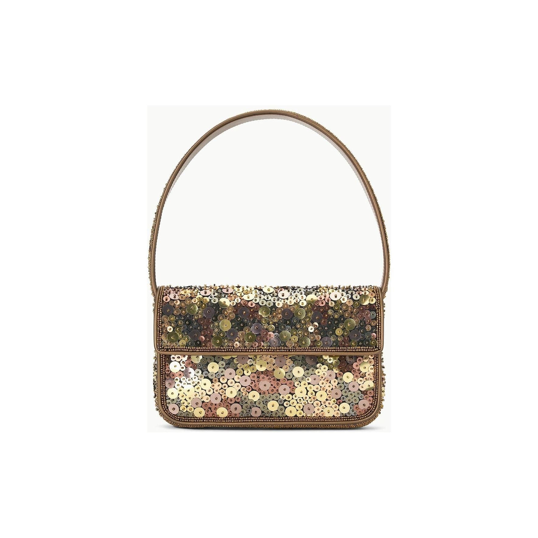 The Staud Tommy Bag in Gilded Sequins is a beaded shoulder bag with a short strap, featuring multicolored sequins in shades of gold, bronze, and silver on a neutral background, and crafted from vegan leather.