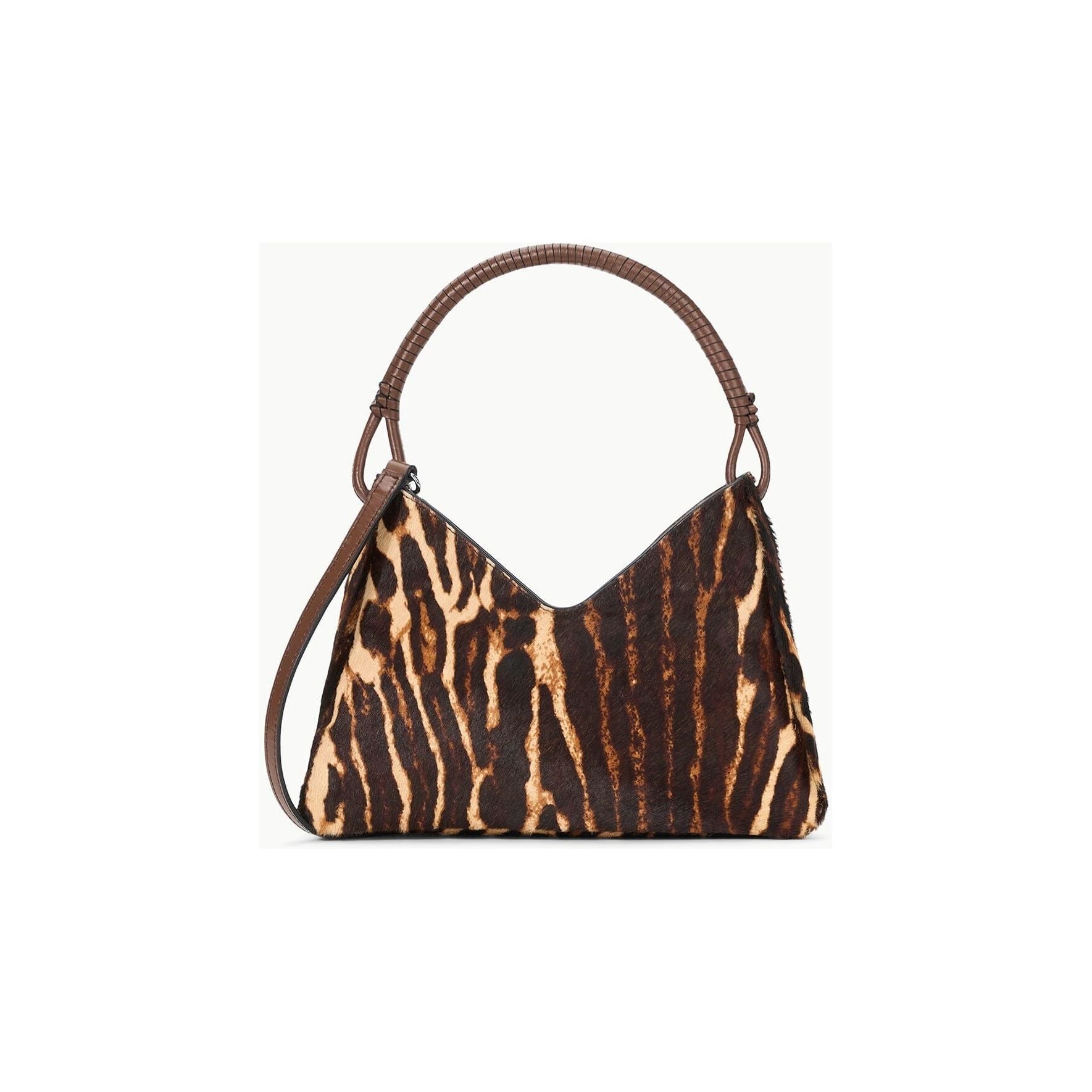 Introducing the Staud Valerie Shoulder Bag Lady Leopard Cacao—a stylish, medium-sized handbag featuring a striking brown and black leopard print design. It boasts two-tone hardware, along with a single polished leather handle and an adjustable shoulder strap. With its distinctive triangular shape and textured material, this bag is the perfect statement accessory for any occasion.