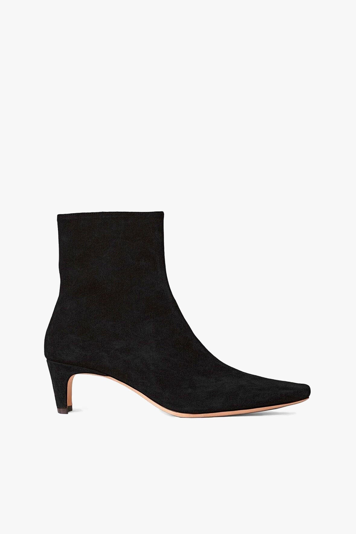 The Staud Western Wally Ankle Boot Black, crafted by Staud, features a black suede finish with a pointed toe and a low, blade heel. This minimalist leather ankle boot is made from soft material and displayed against a plain white background.