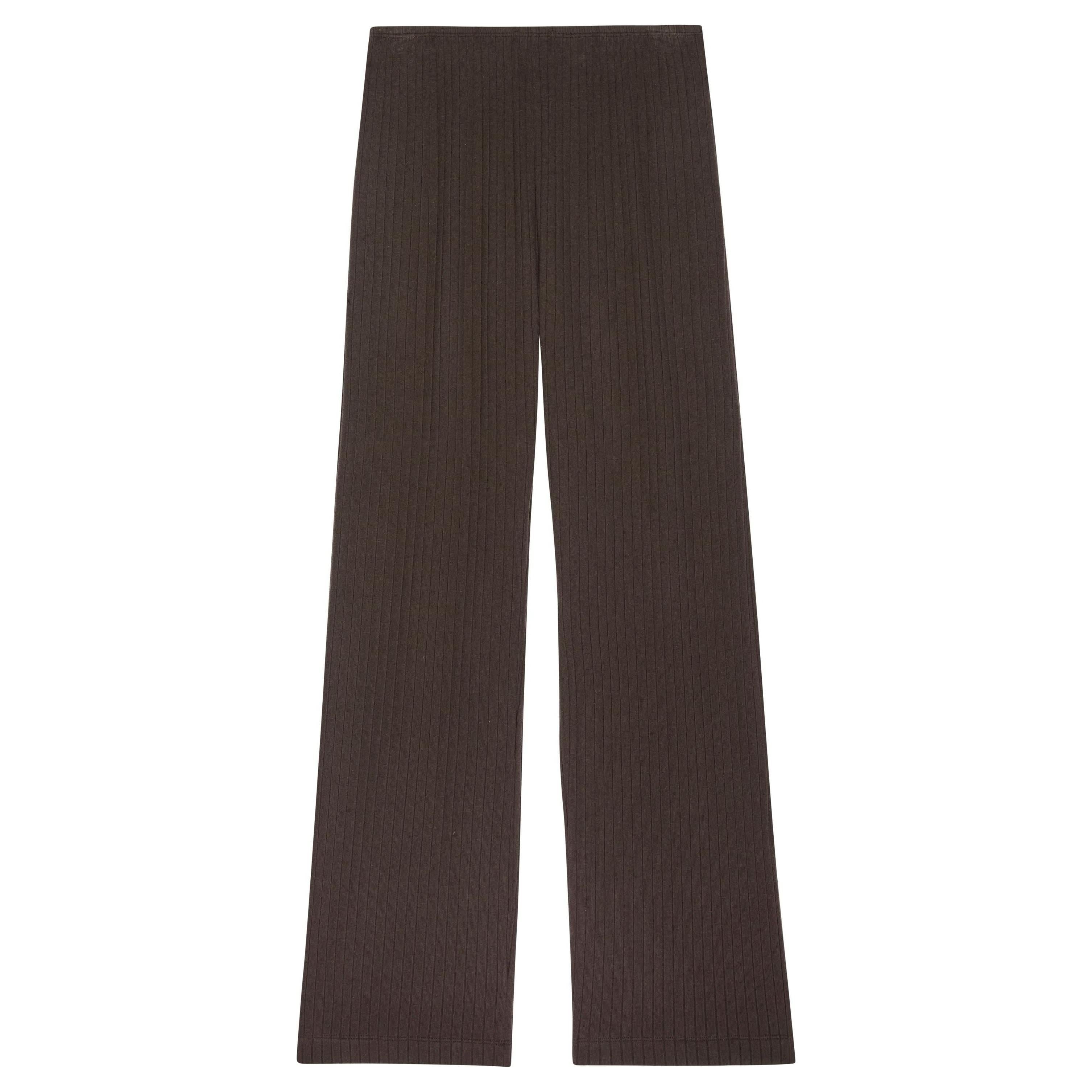 The Donni The Sweater Rib Simple Pant in Espresso is a pair of brown, ribbed knit pants made from organic cotton, featuring a straight, wide-leg design. With its super-soft sweater rib fabric, it provides a cozy feel. These high-waisted pants have an elastic waistband for added comfort and style, perfect for any casual occasion.