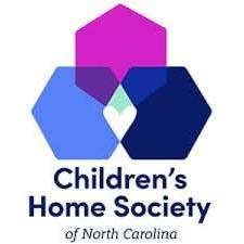 Logo of the Children's Home Society of North Carolina, associated with Primm's Presents: Holiday Fashion Showcase benefiting CHS Hope for the Holidays, featuring three overlapping hexagons in purple, pink, and blue with a small heart at the center, accompanied by the organization's name displayed below.