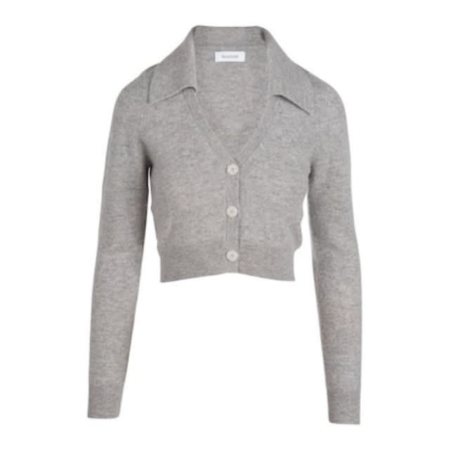 The Naadam Cashmere Cropped Polo Cardigan by Naadam features a soft, knit texture with ribbed trim, a gray hue, long sleeves, a V-neckline with a collar, three buttons down the front, and a short, cropped silhouette.