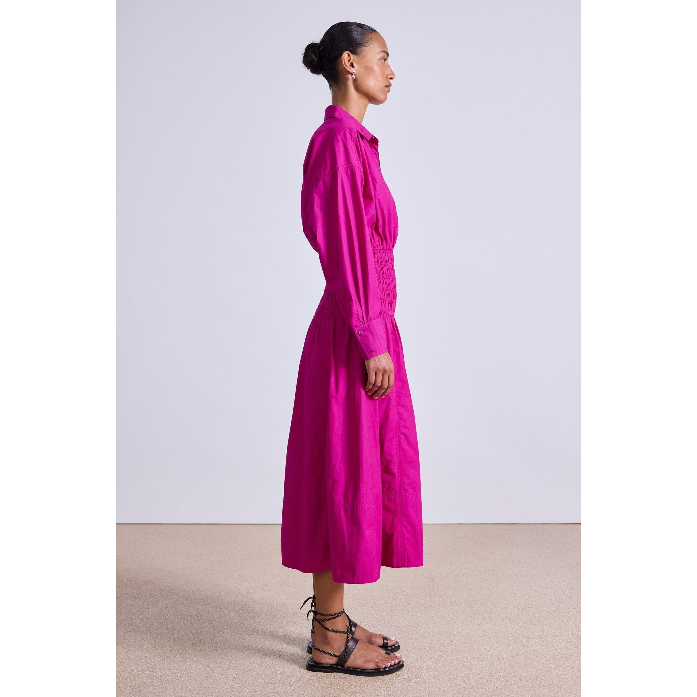 Apiece Apart Sophia Smocked Shirt Dress Fuschia