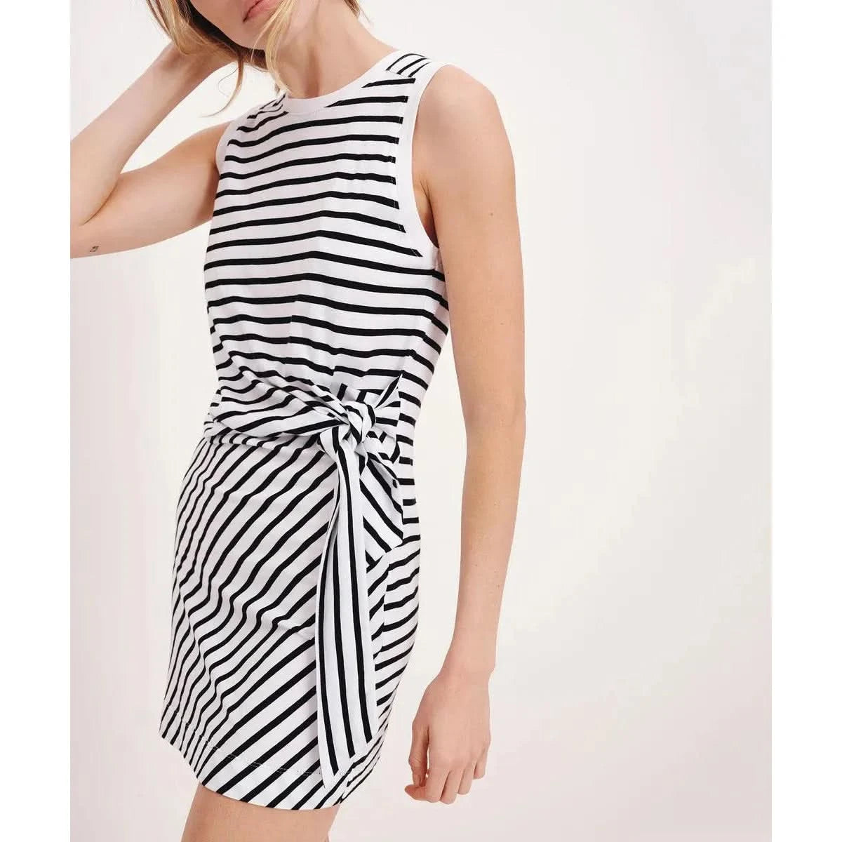 ATM Classic Jersey Stripe Sleevless Twist Dress - White-Black - Primm's