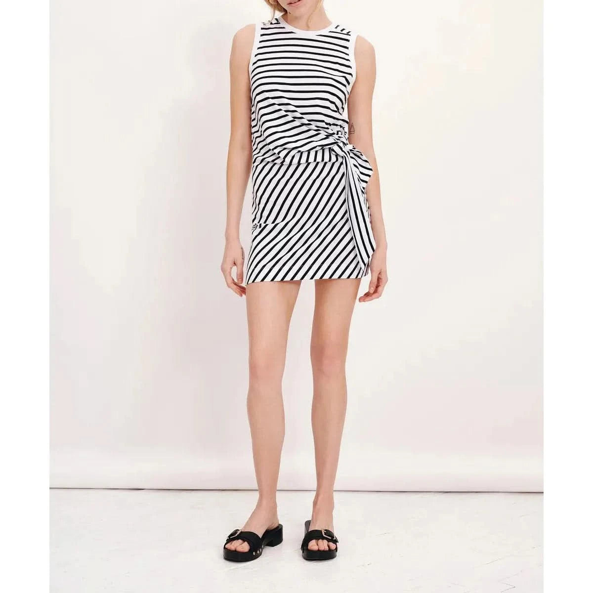 ATM Classic Jersey Stripe Sleevless Twist Dress - White-Black - Primm's